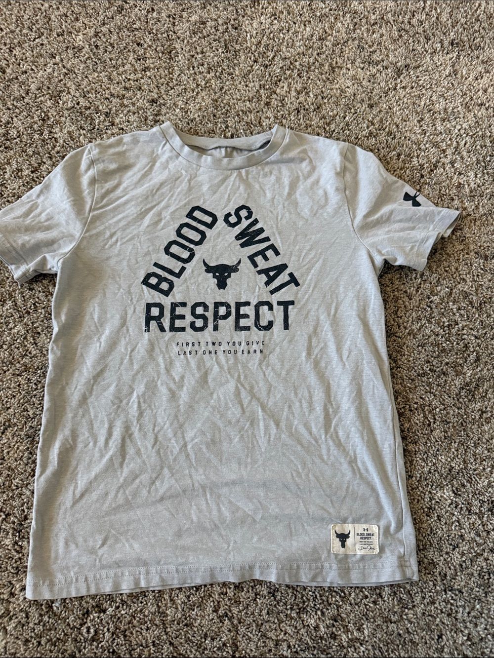 Under Armour Light Gray Short Sleeve Tee with 'Blood Sweat Respect' Graphic